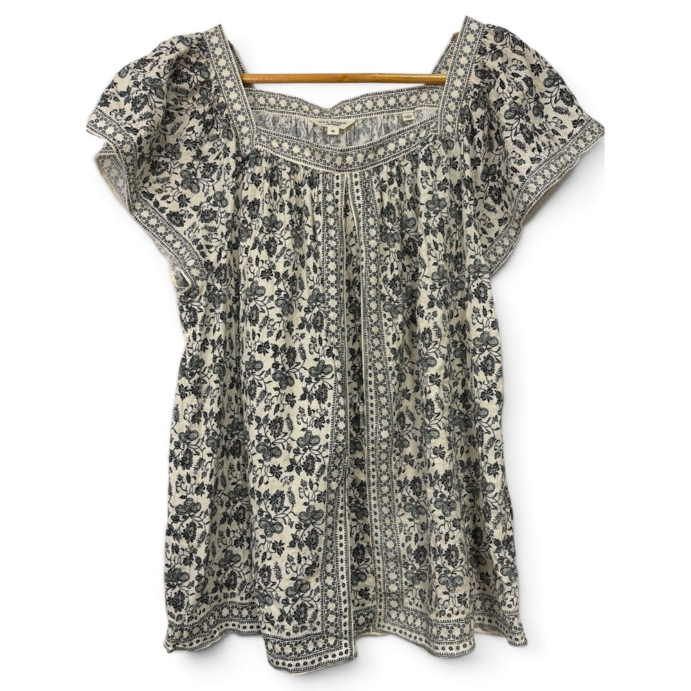 Max Studio London Womens 1X Navy Cream Floral Square Neck Flutter Sleeve Blouse